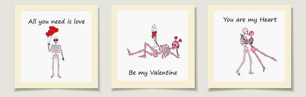 conjunto do dia dos namorados dia cartões com esqueleto com decoração para dia dos namorados dia. amor, dia dos namorados dia vetor