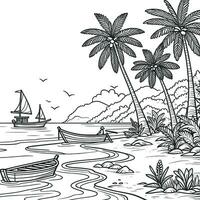 coloração livro simples esboços para crianças, ilustrações do natural Visualizações em a praia, lá estão pescaria barcos, coco árvores e mangue árvores vetor