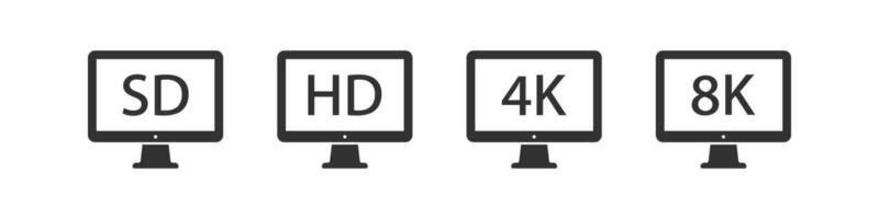 4k monitor ícone. hd televisão sinais. vídeo dentro 8k símbolo. Alto resolução tela símbolos. 2k televisão ícones. Preto cor. vetor placa.