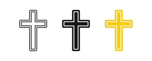 cristão Cruz ícone. Jesus Igreja símbolo. fé sinais. crucifixo símbolos. religioso ícones. preto, amarelo cor. vetor placa.