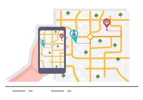 O mapa de navegação gps e a bússola no aplicativo de busca de localização mostram a posição ou rota que você está indo. ilustração vetorial de fundo vetor