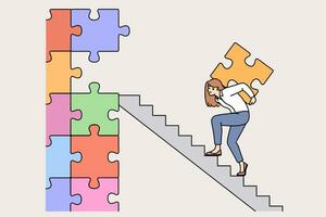 o negócio mulher trabalhando Difícil escalada carreira escada com enigma peça para Construir bem sucedido companhia vetor