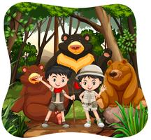 Crianças e ursos na floresta vetor