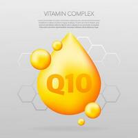 Vitamina complexo q10 com realista solta em cinzento fundo. partículas do vitaminas dentro a meio. vetor ilustração.