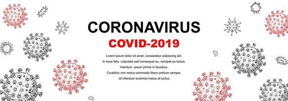 banner de coronavírus horizontal com elementos de design de mão desenhada. vírus do microscópio close-up. ilustração vetorial no estilo de desenho. covid-2019 vetor