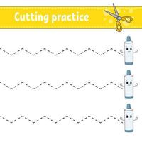 prática de corte para crianças. planilha de desenvolvimento de educação. página de atividades com fotos. jogo para crianças. ilustração isolada do vetor. personagem engraçado. estilo de desenho animado. vetor
