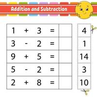 adição e subtração. tarefa para crianças. planilha de desenvolvimento de educação. página de atividades. jogo para crianças. personagem engraçado. ilustração isolada do vetor. estilo de desenho animado. vetor
