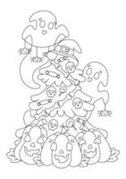 fantasmas e abóboras decoram a árvore de halloween. página do livro para colorir para crianças. personagem de estilo de desenho animado. ilustração vetorial isolada no fundo branco. vetor