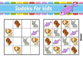 sudoku para crianças. planilha de desenvolvimento educacional. página de atividades com fotos. jogo de puzzle para crianças e bebês. treinamento de pensamento lógico. ilustração isolada do vetor. estilo dos desenhos animados. vetor