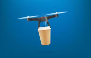 serviço de entrega rápida de bebidas quentes por drones. voando helicóptero moderno com café vetor