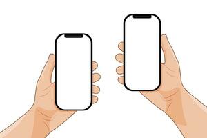 mãos segurando uma Preto Smartphone. a telefone tem uma em branco branco tela. pessoas usando uma Móvel telefone. vetor ilustração