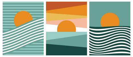 conjunto do vintage panorama fundos com Sol e mar ondas. retro tapeçarias dentro boho estilo. vetor