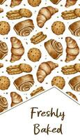 inscrição recentemente cozido, pães e croissant, espiralado canela rolar, biscoito. pastelaria. aguarela ilustração. modelo para padaria padaria, cafeteria, comprar, poster, bandeira, folheto, pasteleiro. vetor