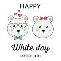 romântico feriado, branco dia, Eu amor você conceito com polar Urso casal. feliz branco dia cumprimento cartão. fofa kawaii ursos com corações vetor