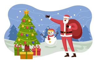 Papai Noel e o boneco de neve mostram um presente para todos vetor