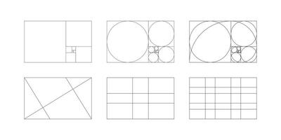 dourado Razão modelo. método dourado seção. harmonia proporções quadros. Fibonacci variedade, números. dourado proporção grade. esboço vetor ilustração. eps.