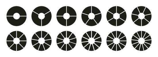 círculo divisão, 2, 3, 4, 5, 6, 7, 8, 9, 10, 11, 12, 13 igual peças. roda dividido diagramas, dois, três, quatro, cinco, seis, Sete, oito, nove, dez, onze, doze, treze segmentos. infográfico definir. vetor