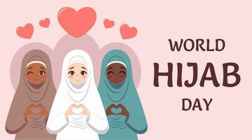 mundo hijab dia. mulheres dentro islâmico religioso roupas em forma coração com ambos mãos expressões. plano projeto, poster. vetor