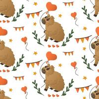 dia dos namorados padronizar com capivara com balão. fofa plano animal desenho animado personagens com bandeiras, floral galhos, estrelas. st dia dos namorados dia ou feliz aniversário conceito padronizar em branco fundo vetor