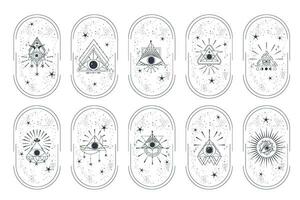 celestial esotérico quadro, Armação conjunto com pirâmide olho isolado. boêmio celestial arco com Estrela e trangle. místico elemento simples vetor ilustração. boho arco geometria olho.