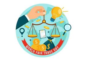 mundo justo comércio dia vetor ilustração em 11 pode com ouro moedas, balanças e martelo para clima justiça e planeta econômico dentro plano fundo