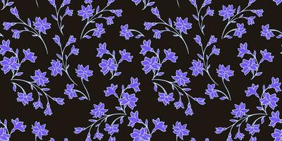 suavemente azul galhos selvagem flores desatado padronizar em uma Preto fundo. vetor mão desenhado esboço. simples arte minúsculo servindo floral impressão. Projeto para moda, tecido, papel de parede.