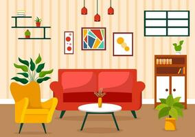 casa decoração vetor ilustração com vivo quarto interior e mobília tal Como confortável sofá, janela, cadeira, casa plantas e acessórios