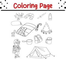 coloração página caminhada acampamento equipamento vetor