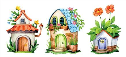 conjunto do fofa flor casas, aguarela desenhando com fada casa dentro flor jardim vetor