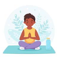 rapaz meditando na posição de lótus. ginástica, ioga e meditação para crianças. vetor