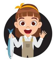 feliz fofo criança linda garota pescador personagem avatar de pé e segurando um peixe com uma expressão alegre vetor