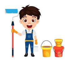 feliz fofa linda criança menino pintor trabalhador da construção civil em pé e posando segurando um pincel de cor com um balde de cor vetor