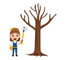 feliz fofo criança linda menina carpinteiro trabalhador da construção em pé e posando segurando um machado com árvore de madeira vetor