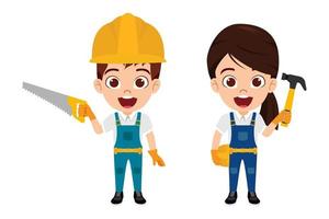 feliz fofa linda criança menino e menina engenheiro trabalhador da construção civil em pé e posando segurando ferramentas acenando isolado vetor