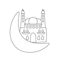 Ramadã kareem coloração página para crianças com mesquita e crescente lua. vetor muçulmano feriado elemento. eid Mubarak celebração coloração livro. Preto e branco ilustração.