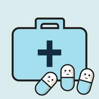 primeiro ajuda kit cuidados de saúde conceito. sorridente mala de viagem e pílulas, kawaii vetor plano ilustração