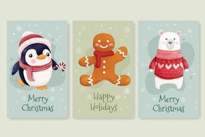 cartões de natal com urso pinguim fofo e biscoitos de gengibre vetor