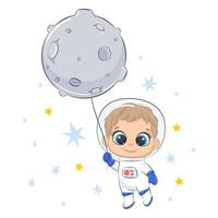 bonito astronauta voando na lua. ilustração infantil. vetor