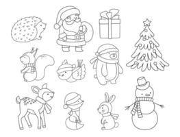 fofa santa Papai Noel, boneco de neve e Natal árvore. vetor esboço Natal ilustrações conjunto para infantil coloração livro