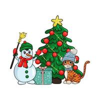 cartão de feliz Natal e ano novo. tigre com chapéu quente senta-se sob a árvore de Natal com boneco de neve e presentes. ilustração vetorial estilo cartoon vetor