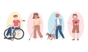 conjunto de deficientes físicos em cadeira de rodas, cegos, prótese de perna vetor