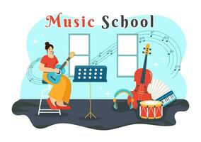 música escola vetor ilustração com jogando vários musical instrumentos, Aprendendo Educação músicos e cantores dentro plano crianças desenho animado fundo