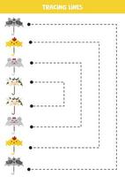 rastreamento linhas para crianças. desenho animado fofa animal guarda-chuvas. caligrafia prática. vetor