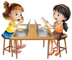 Duas meninas, trabalhando, computador vetor