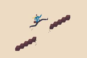 Supere a dificuldade ou obstáculo para crescer a carreira, desafie e arrisque para o sucesso e ganhe o conceito de competição de negócios, empresário ambicioso pular escada quebrada para alcançar a meta. vetor