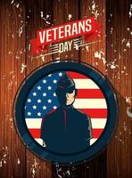 feliz comemoração do dia dos veteranos com o exército e a bandeira no fundo de madeira vetor