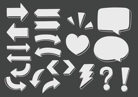 conjunto de vetores de doodle dimensional desenhado à mão, incluindo setas direcionais, sinais, símbolos e balões de fala.