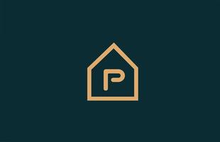 ícone de logotipo de letra do alfabeto amarelo p para empresa e negócios com design de contorno de casa vetor