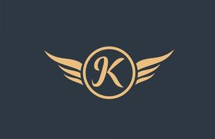 k logotipo da letra do alfabeto azul amarelo com ícone de asas de asa e círculo para design de negócios e empresa vetor