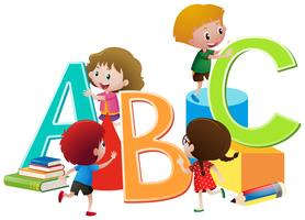 Crianças, com, inglês, alfabetos, blocos vetor